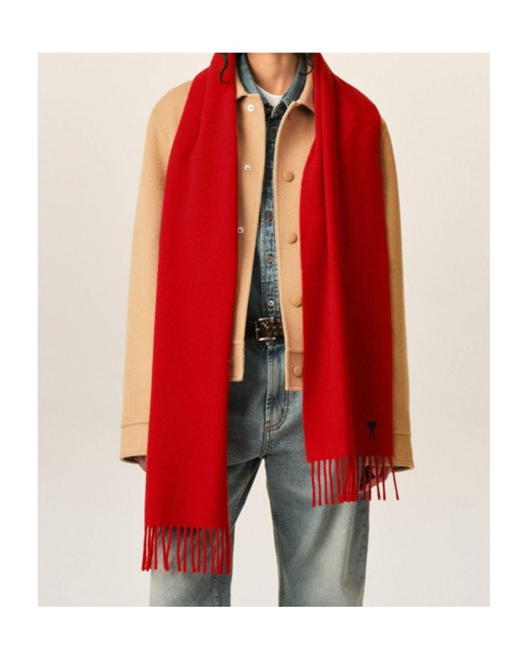 AMI Red Ami De Coeur Fringed Scarf for men