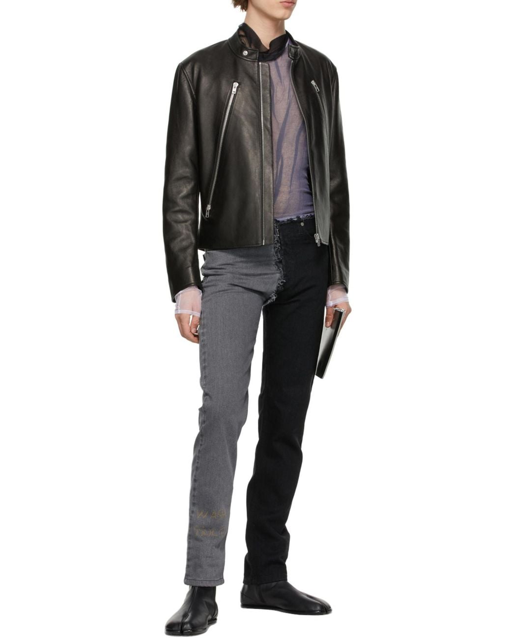 Maison Margiela Black Mock Neck Leather Jacket for men