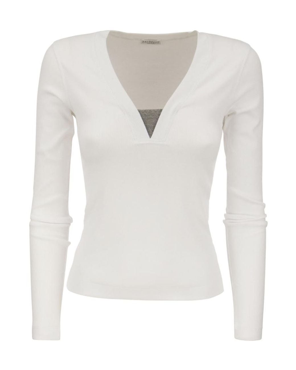 Brunello Cucinelli White V-Neck Long Sleeved Top