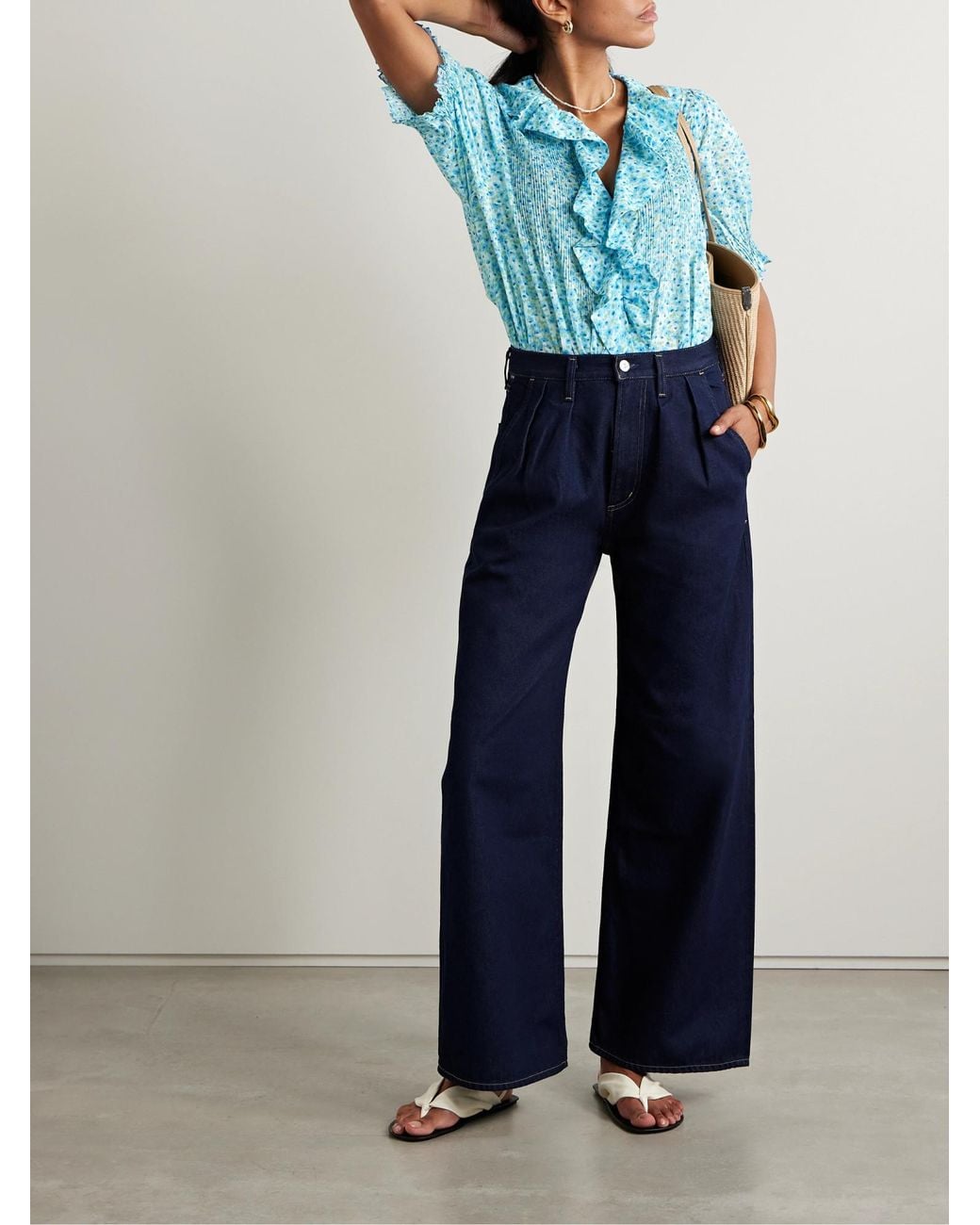 Doen Blue Ruffled Pintucked Floral-Print Voile Top
