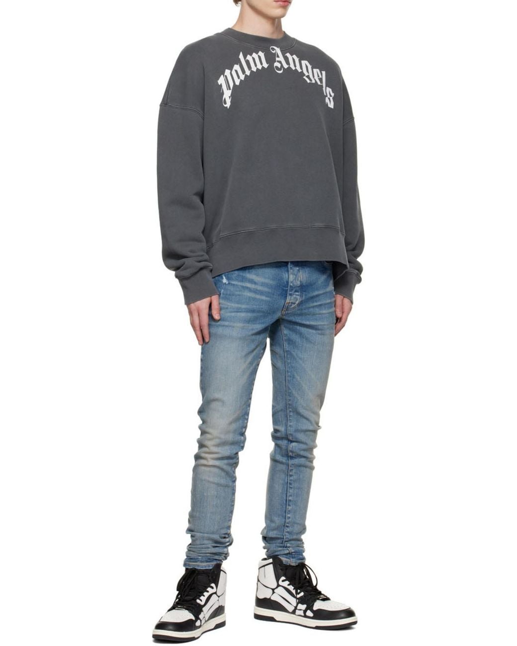 Palm Angels Gray Logo Printed Crewneck Sweatshirt for men