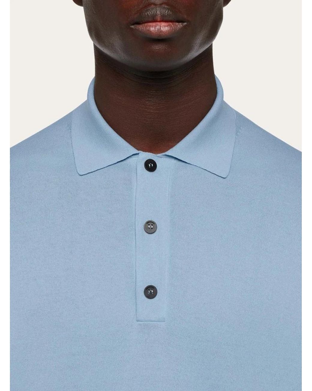Ferragamo Blue Ferragamo Logo-Embroidered Long-Sleeved Knitted Polo Shirt for men
