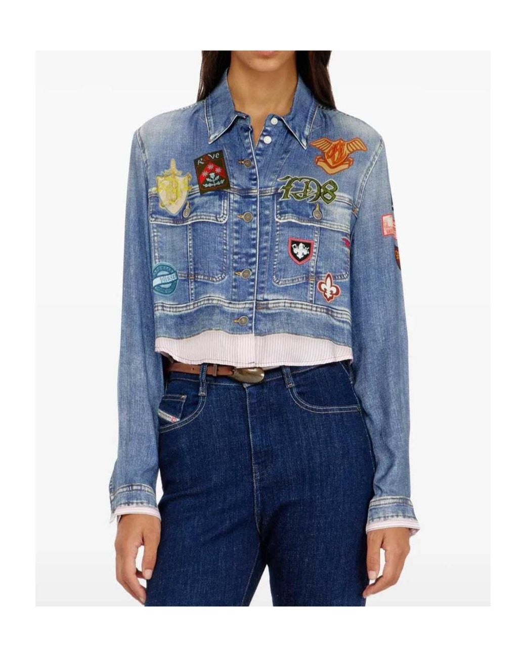 DIESEL Blue Cropped Satin Shirt With Trompe-Loeil Denim Print