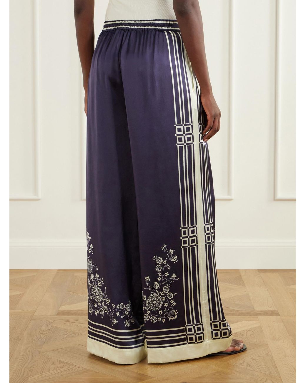 ALÉMAIS Blue Printed Silk-Satin Wide-Leg Pants