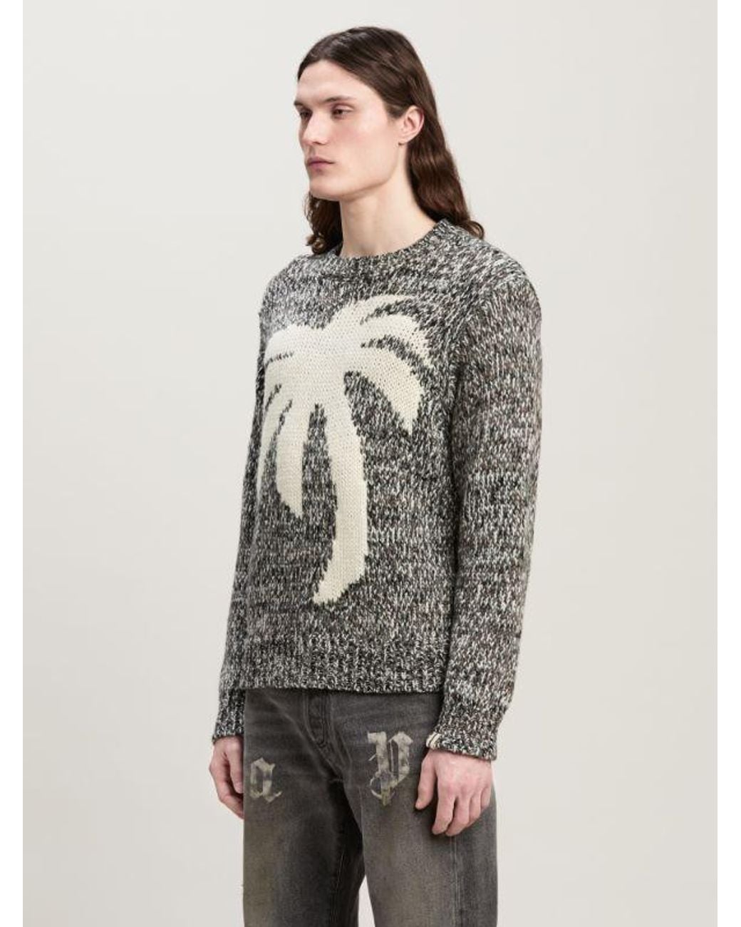 Palm Angels Gray Palm Intarsia Crewneck Knitted Jumper for men