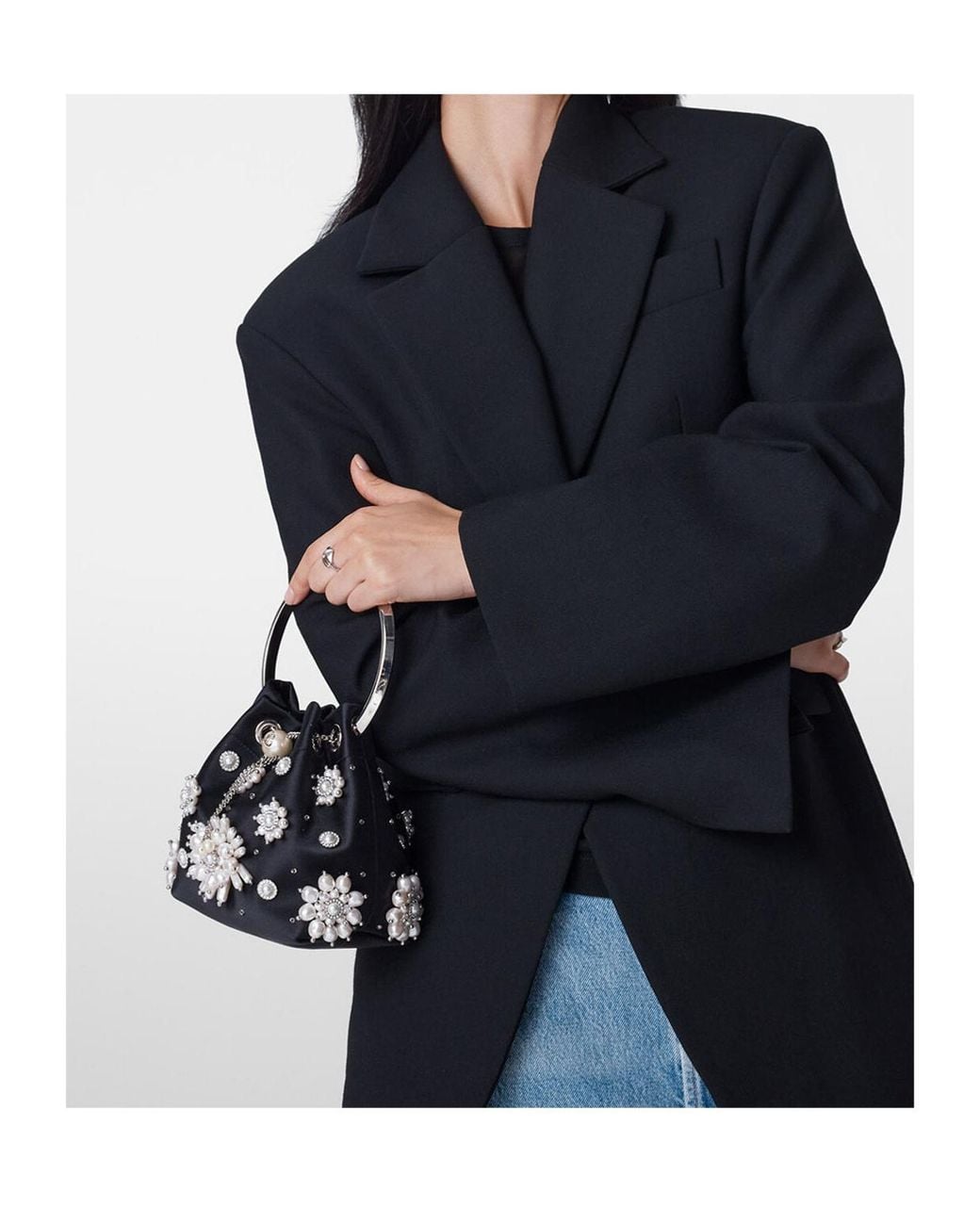 Jimmy Choo Black Satin Bucket Bag With Floral Pearl Embroidery