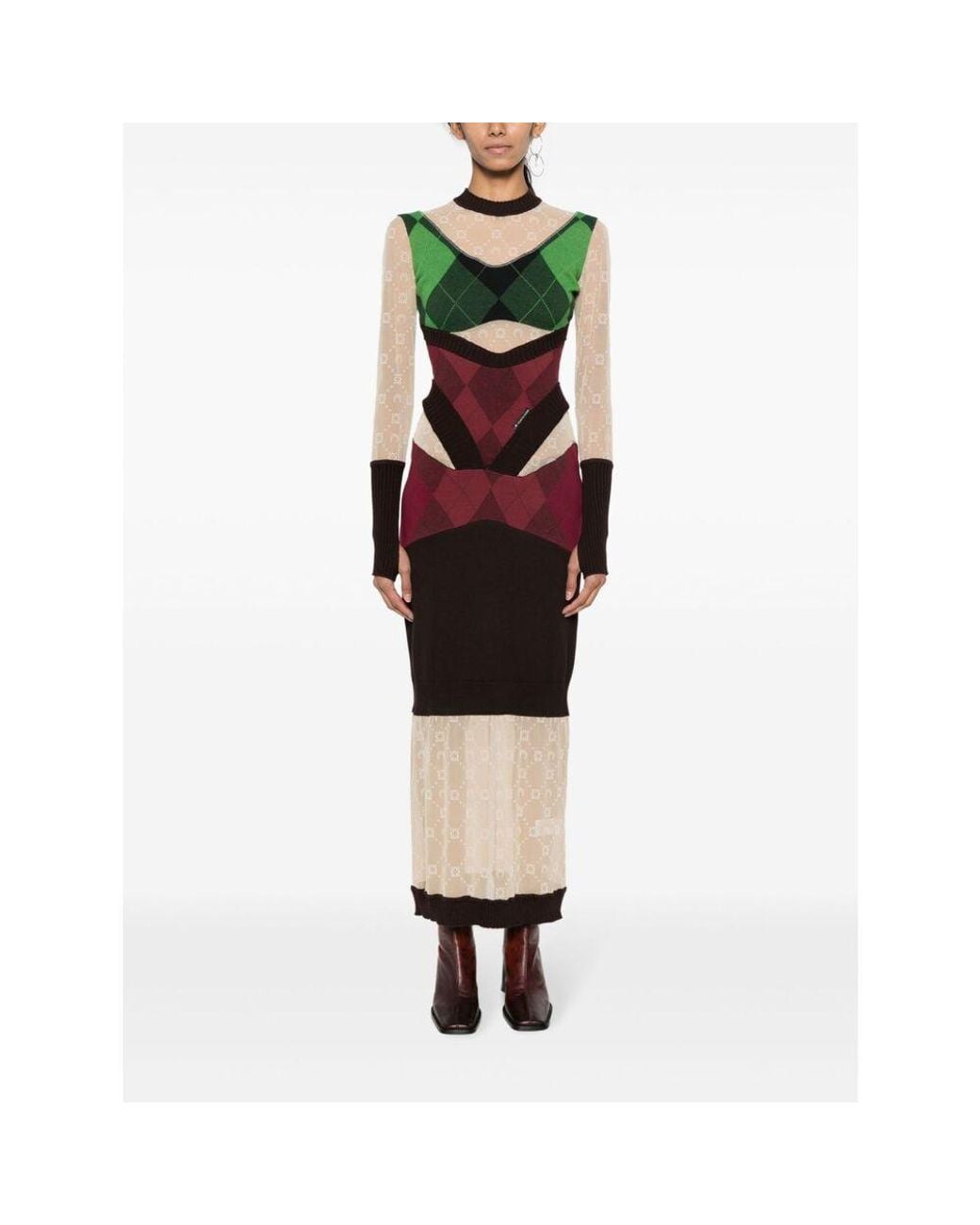 MARINE SERRE Red Regenerated Lozenge Knit Fitted Dress