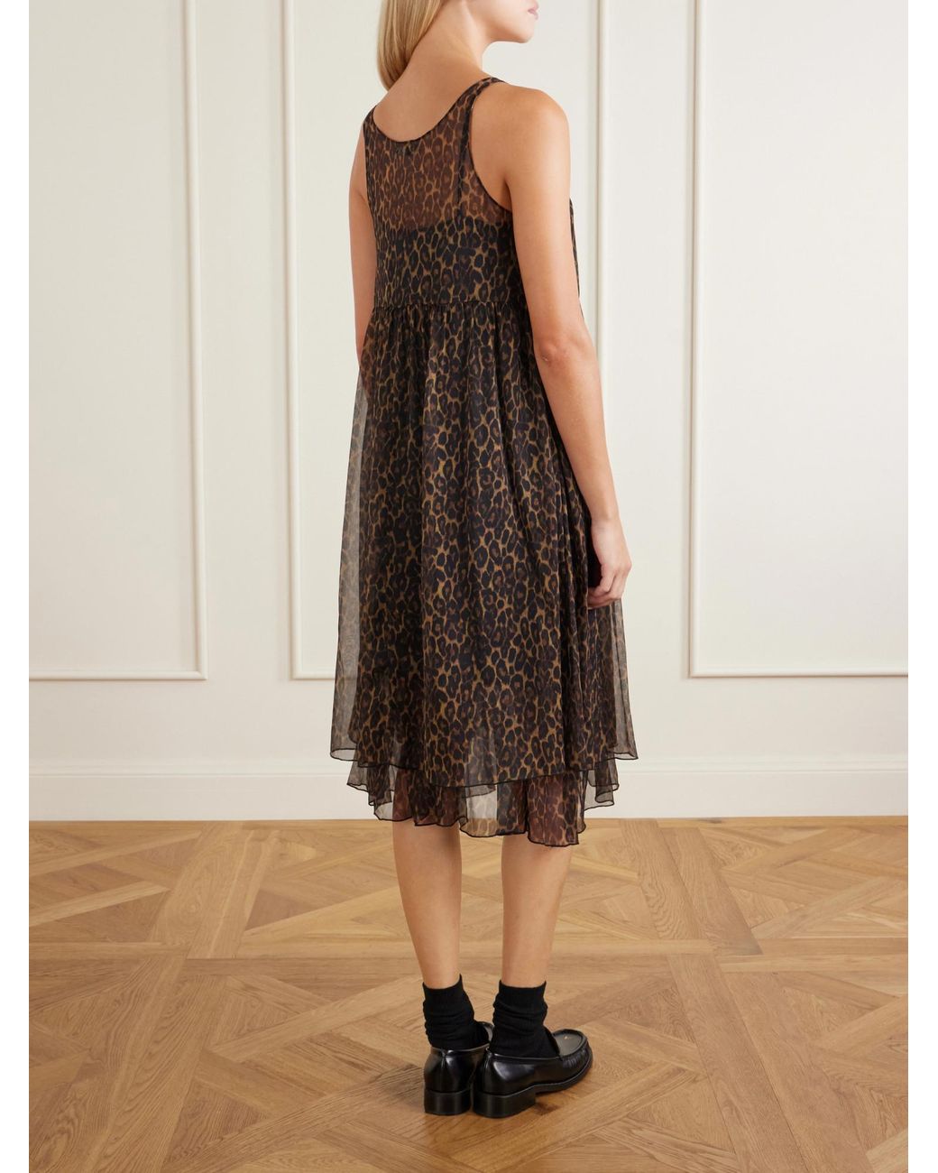 R13 Brown Gathered Tiered Animal-Print Silk-Chiffon Midi Dress
