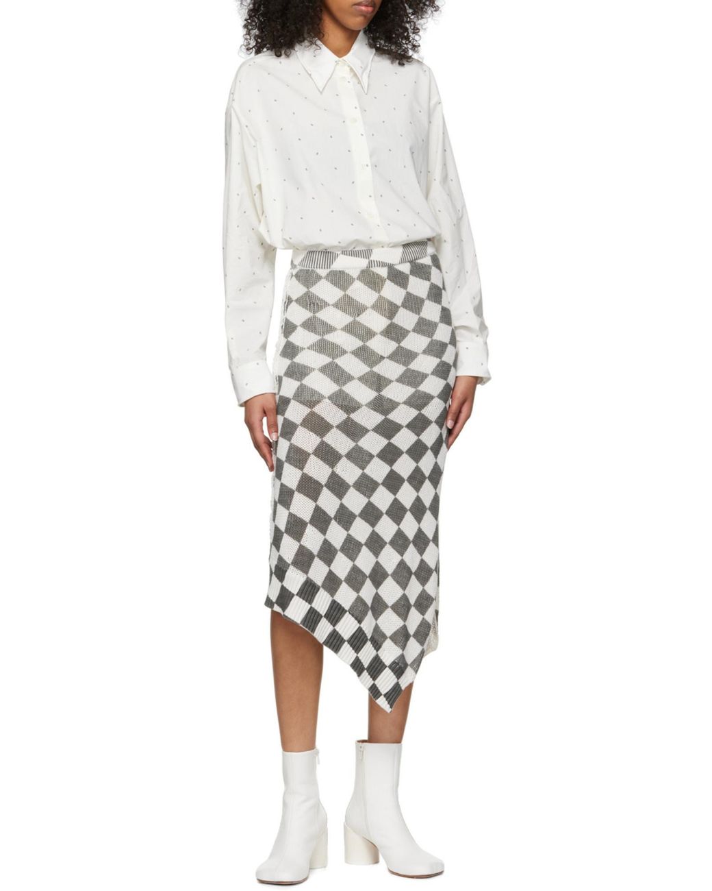 MM6 by Maison Margiela White Checkerboard-Pattern Asymmetric Skirt