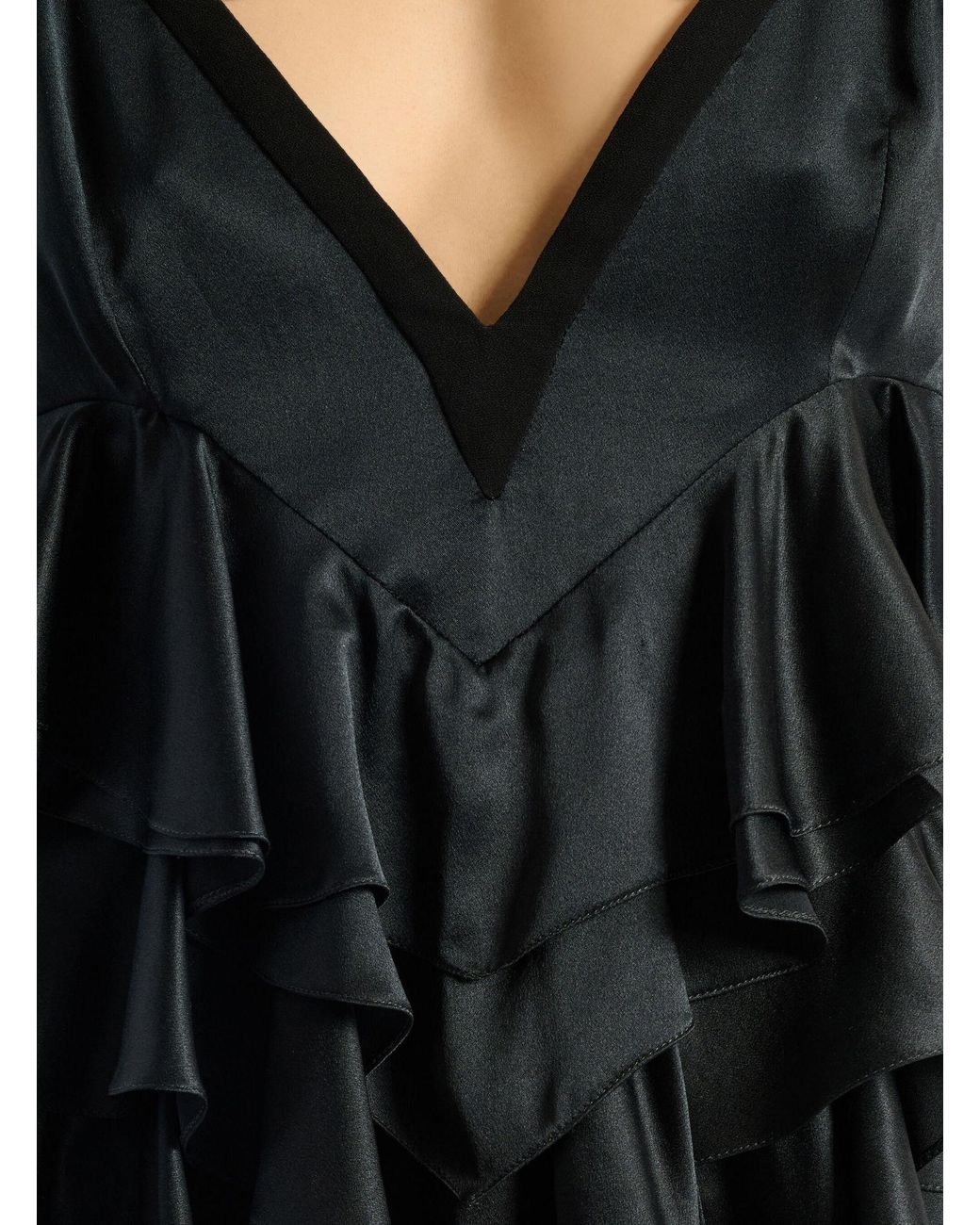 Balmain Black Silk Satin Ruffled Top