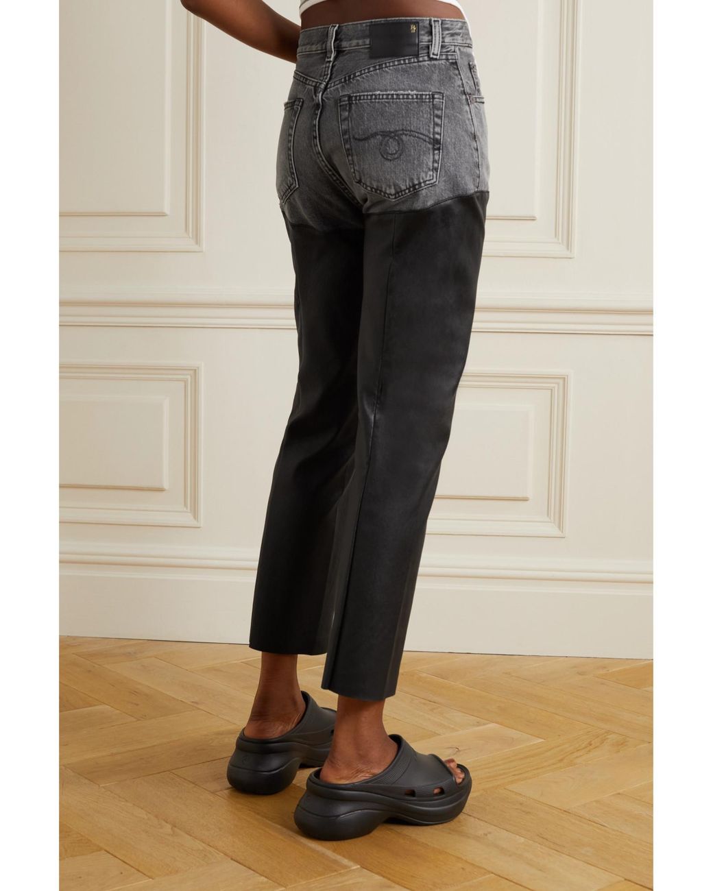 R13 Gray High-Waisted Leather-Paneled Jeans