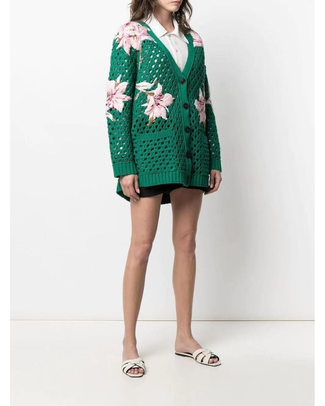 Valentino Green Lilium-Embroidered Cotton Cardigan