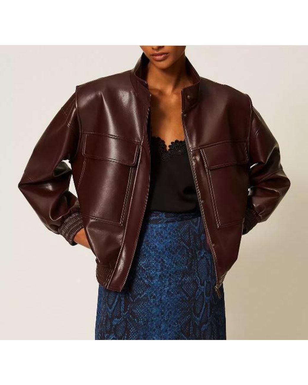 Twinset Brown High-Neck Leather Jacket