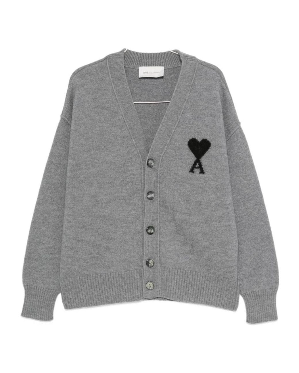 AMI Gray Ami Ami De Coeur V-Neck Cardigan for men