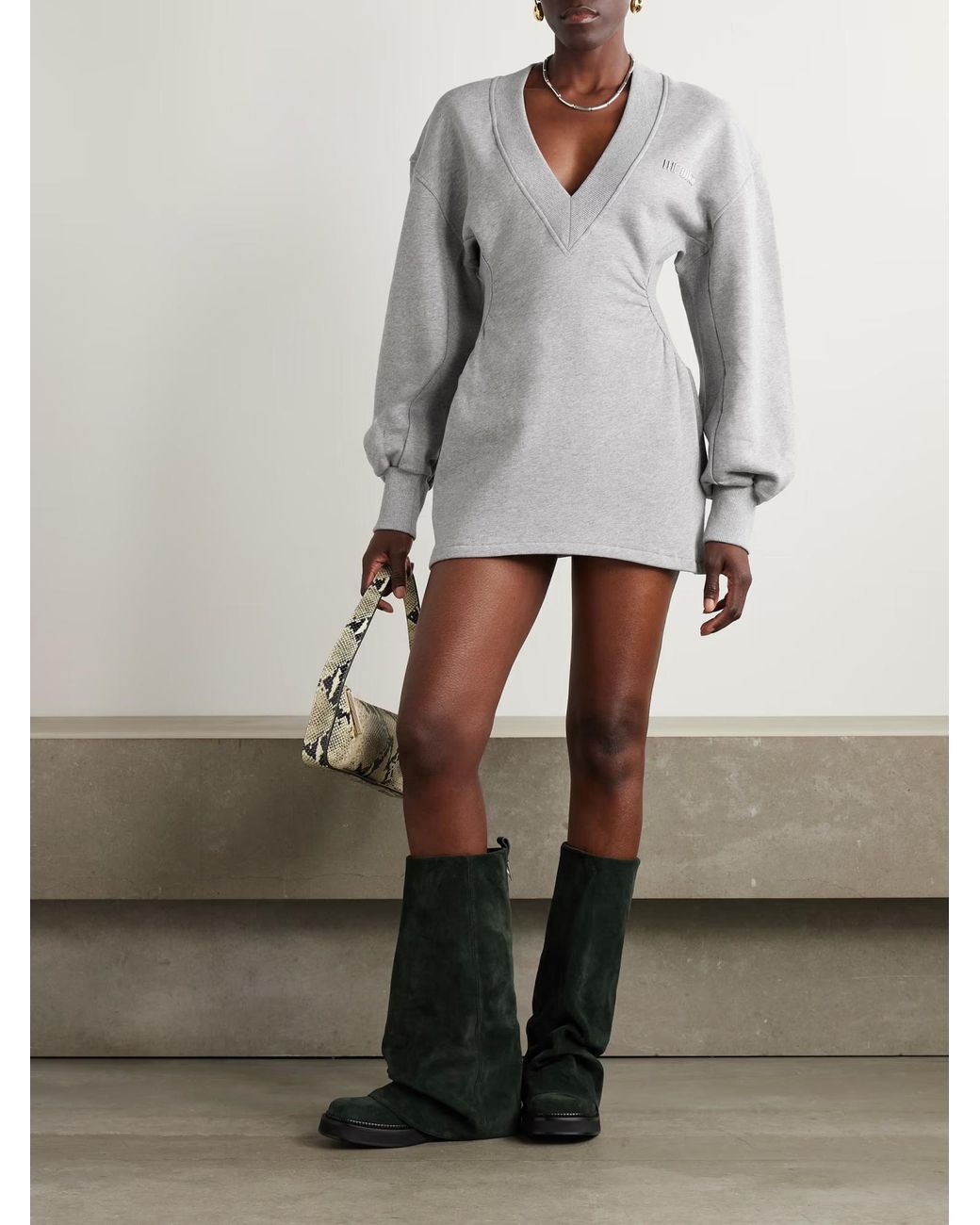 The Attico Gray Knitted Appliqué Mini Dress