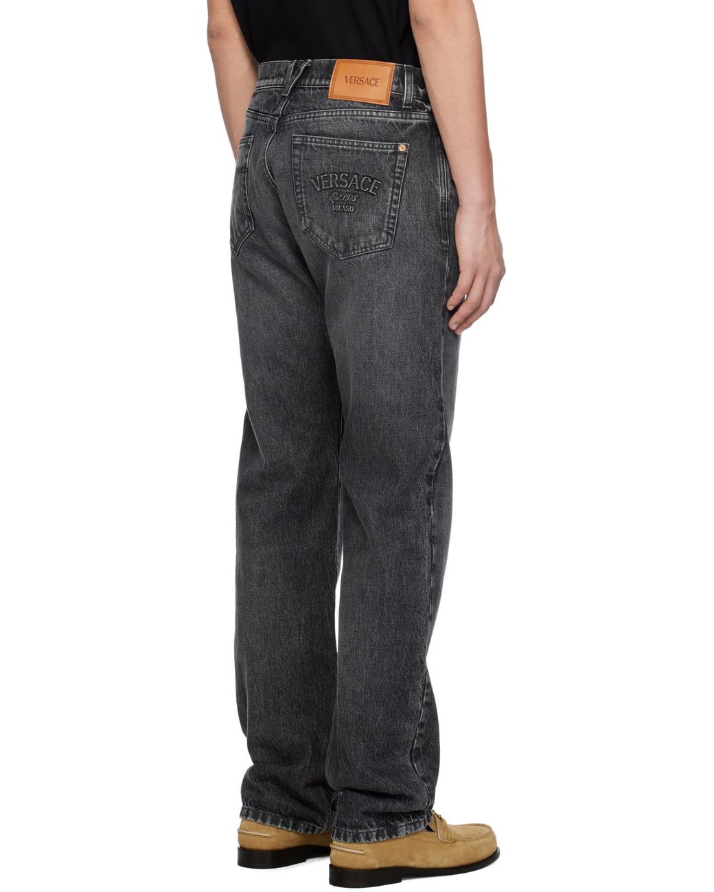 Versace Gray Logo-Patch Straight-Leg Jeans for men