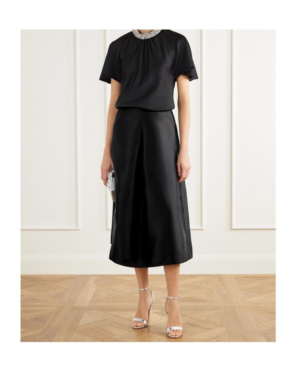 Jonathan Simkhai Black Vexa Pleated Satin Midi Skirt