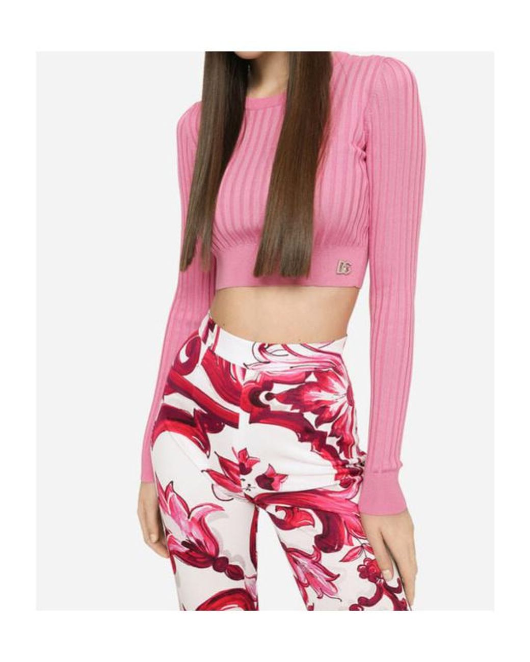 Dolce & Gabbana Pink Logo Plaque Cropped Ribbed Sweater