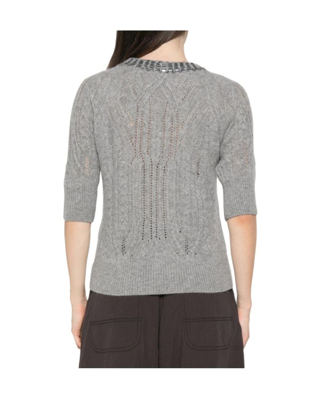 Ermanno Scervino Gray Crystal-Embellished Cable-Knit Cashmere Sweater
