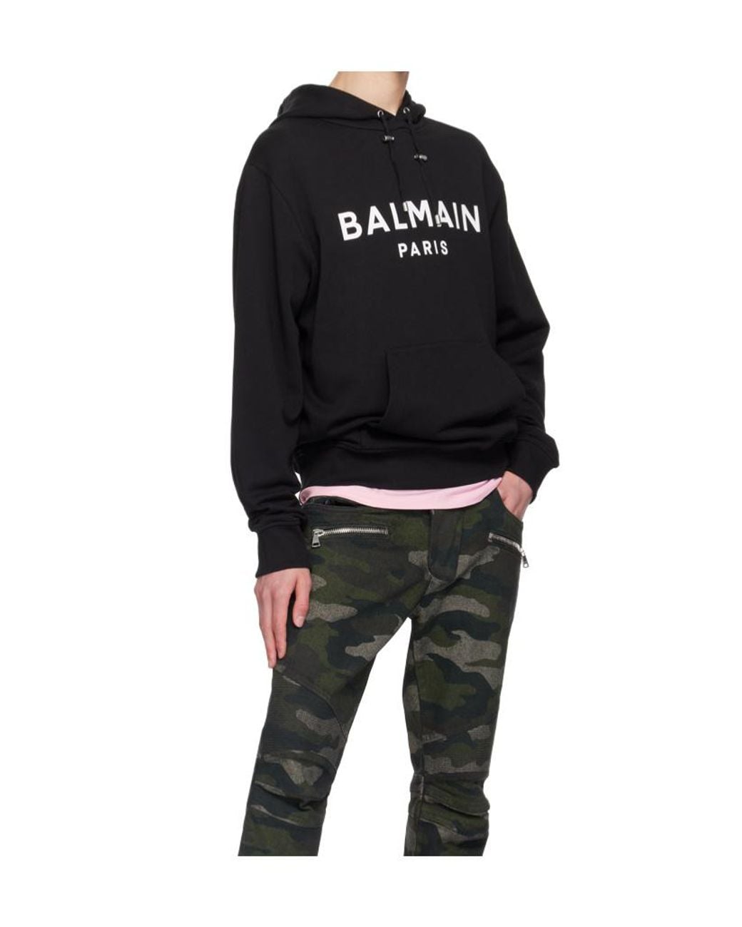 Balmain Black Logo Printed Drawstring Hoodie for men