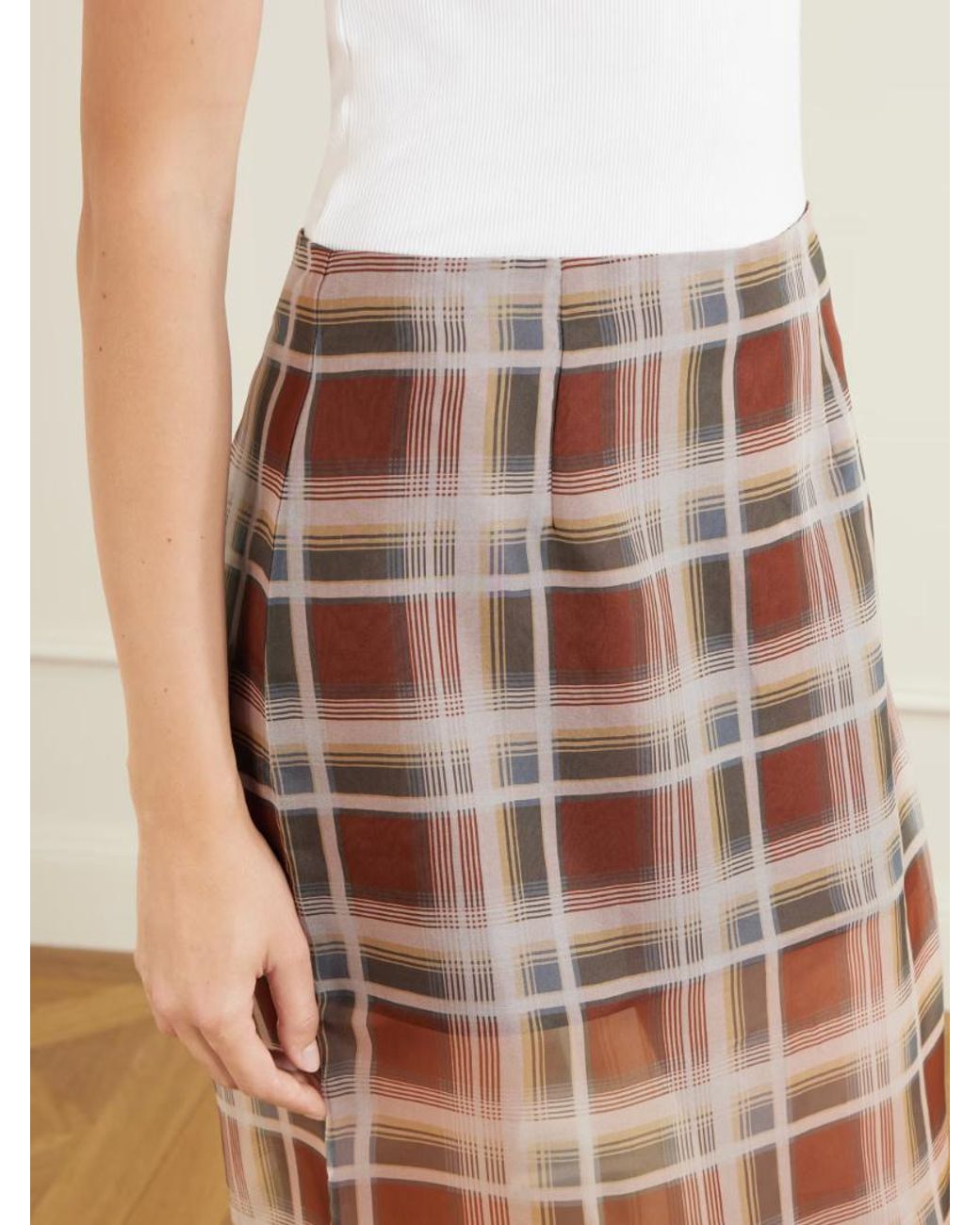 FRAME Natural Checked Silk-Organza Midi Skirt