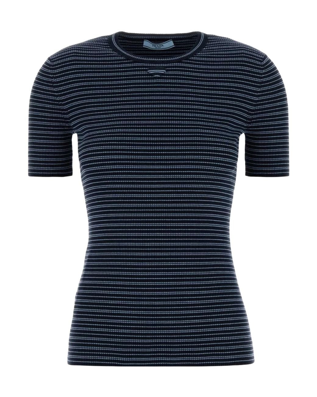 Prada Blue Crewneck Striped Ribbed T-Shirt