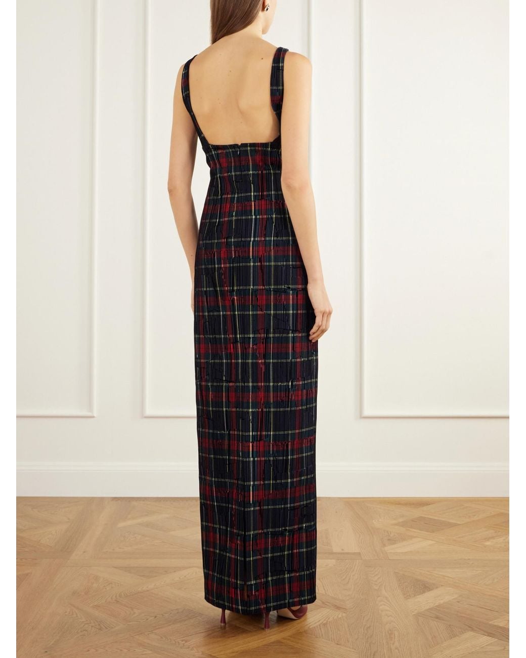 Emilia Wickstead Black Checked Flocked Velvet-Trimmed Gabardine Maxi Dress
