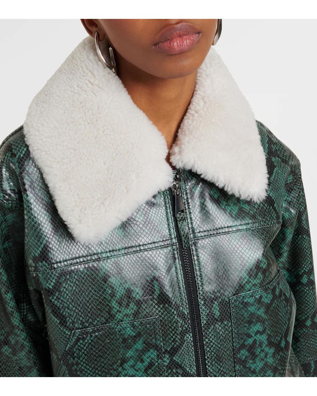 Dorothee Schumacher Green Lapel Long-Sleeved Leather Jacket