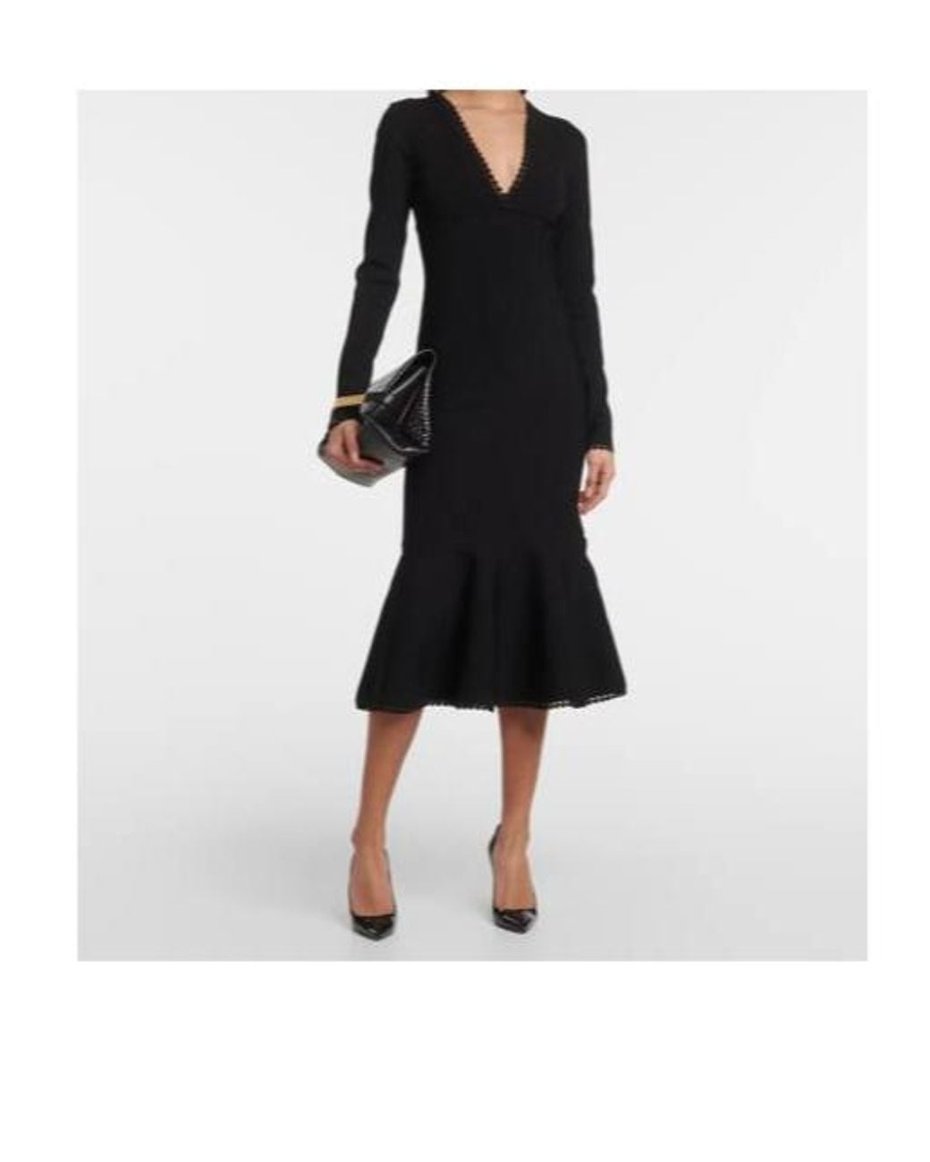 Victoria Beckham Black Long-Sleeved V-Neck Midi Dress