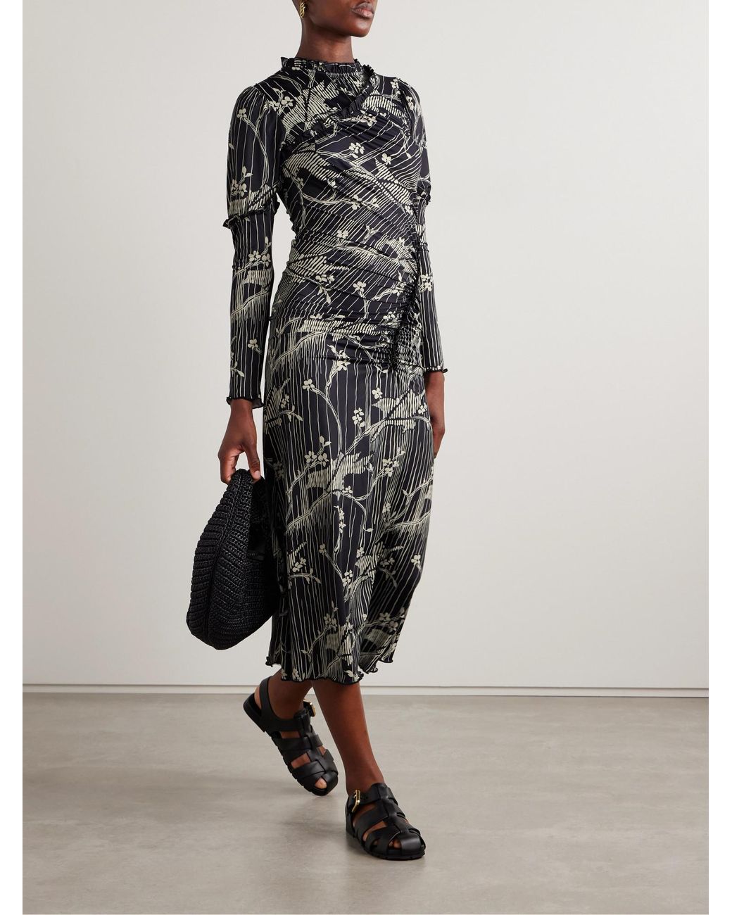 Sea Gray Wrinkled Printed Mid-Length Dress