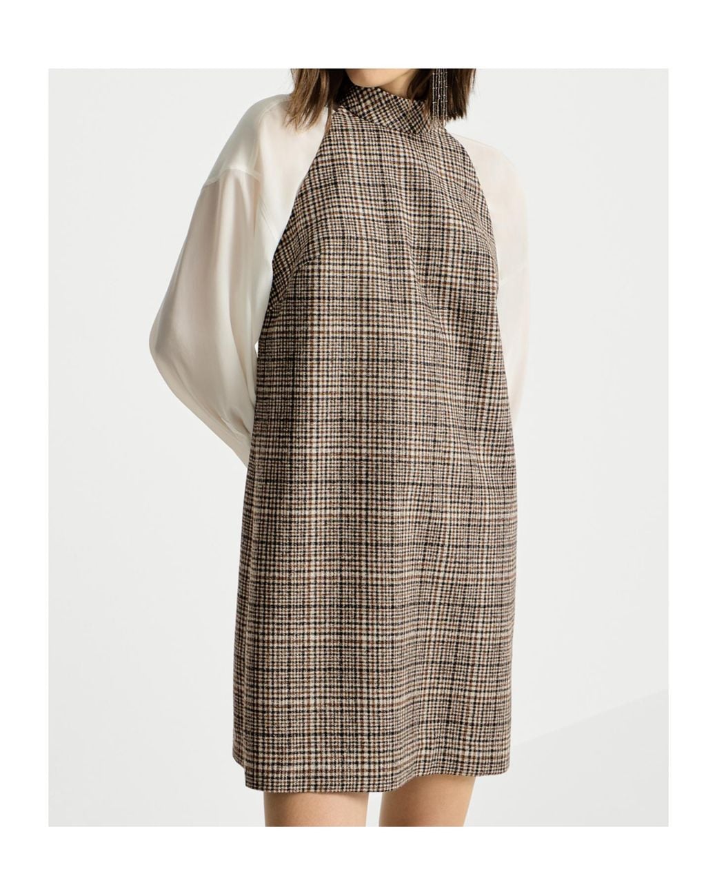 Brunello Cucinelli Brown Checked Alpaca And Wool Dress With Monili
