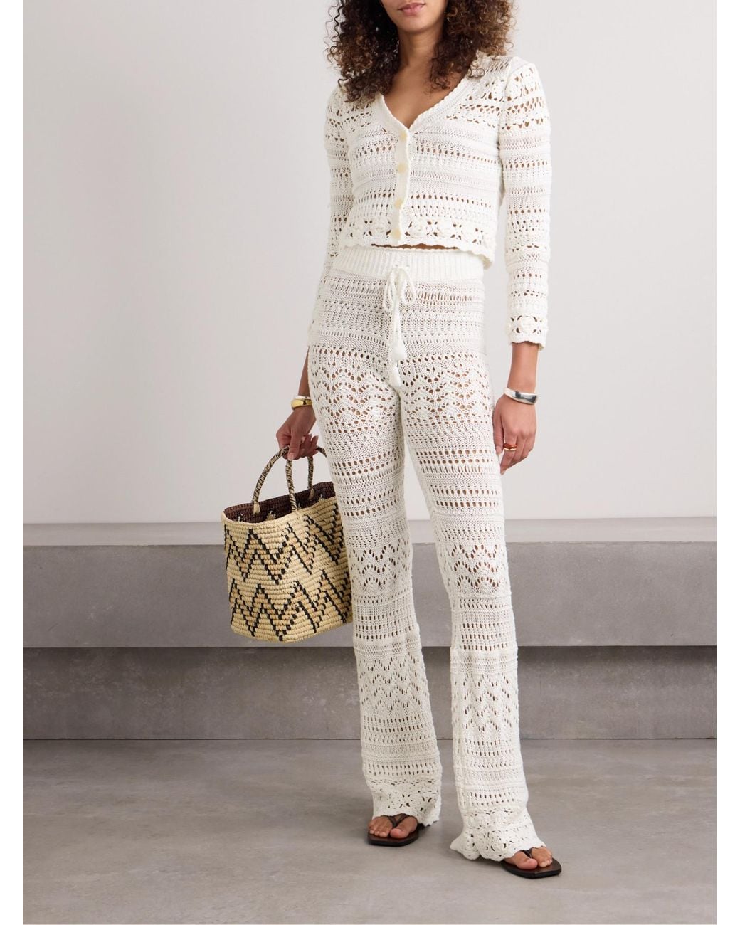 LoveShackFancy White Crocheted Cotton Flared Pants