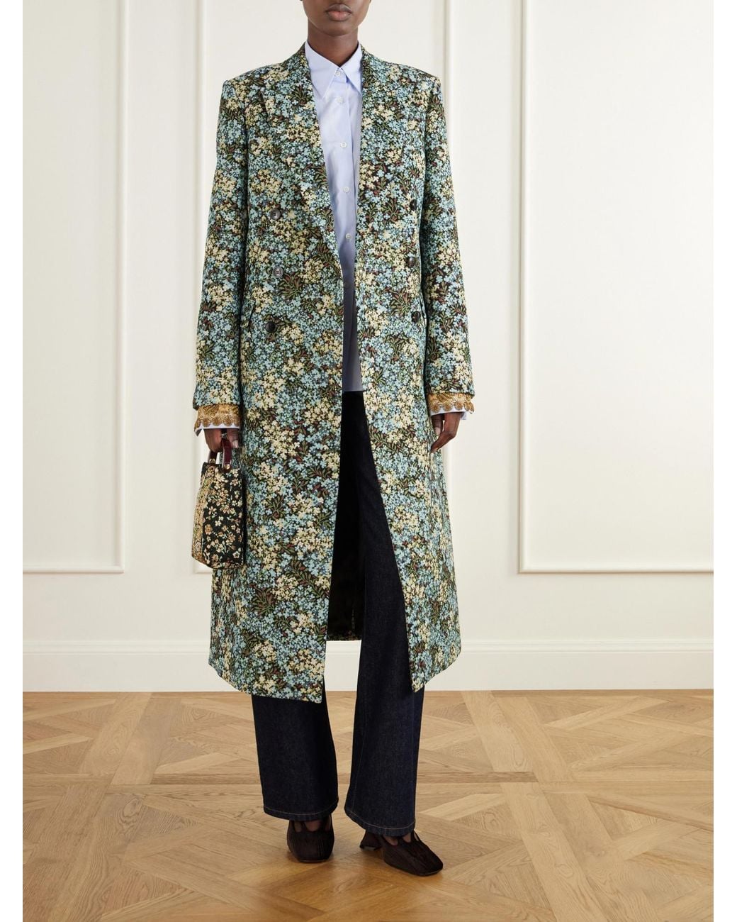 Dries Van Noten Green Double-Breasted Floral-Jacquard Coat