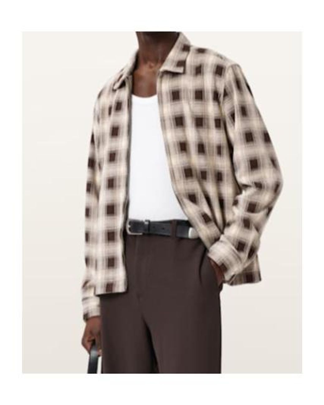 AllSaints Natural Krater Checked Long Sleeve Shirt for men