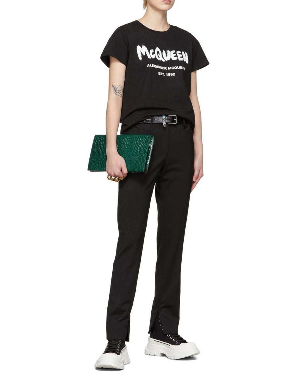 McQueen Green Four-Ring Embossed Clutch Bag