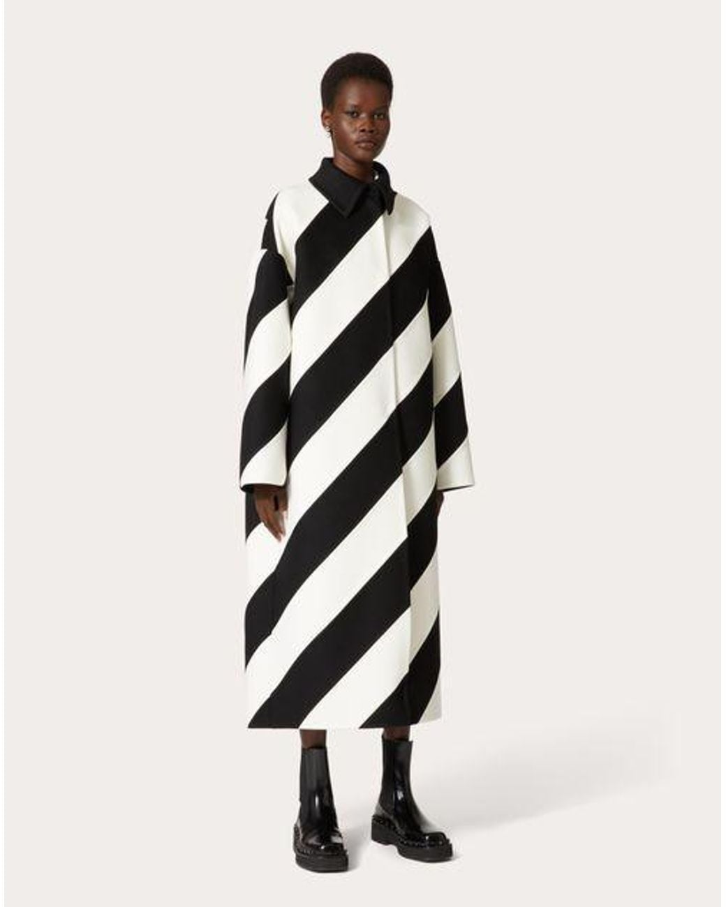 Valentino Black Stripe-Pattern Virgin Wool-Blend Coat