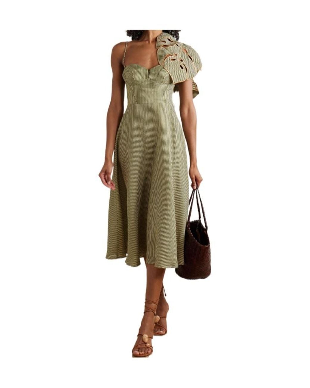 Farm Rio Green Striped Leaf-Detail Midi Dress