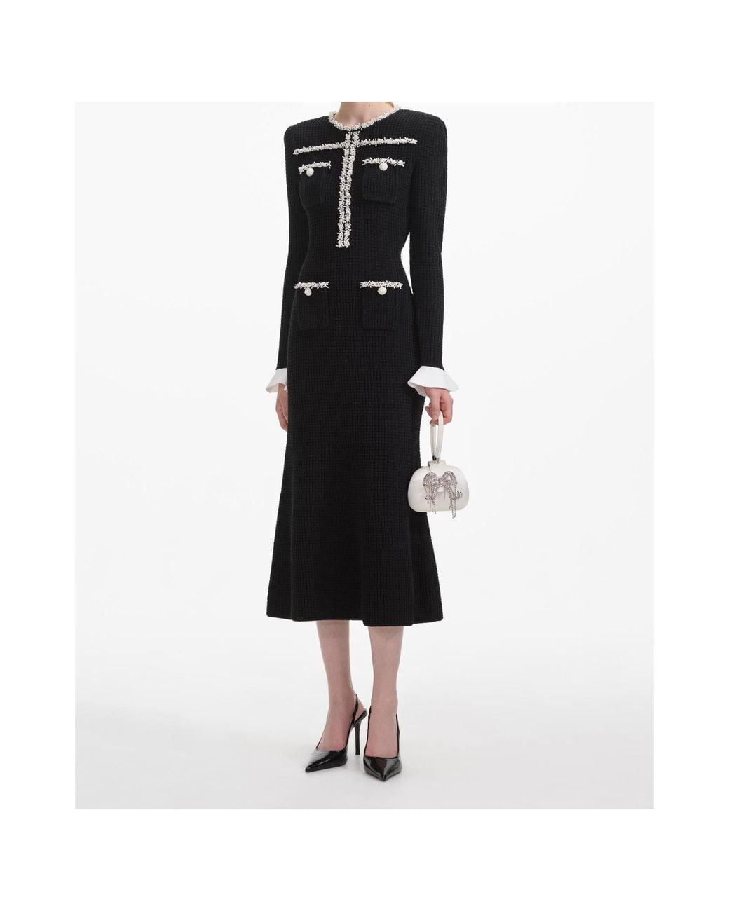 Self-Portrait Black Pearl-Trim Knit Midi Dress