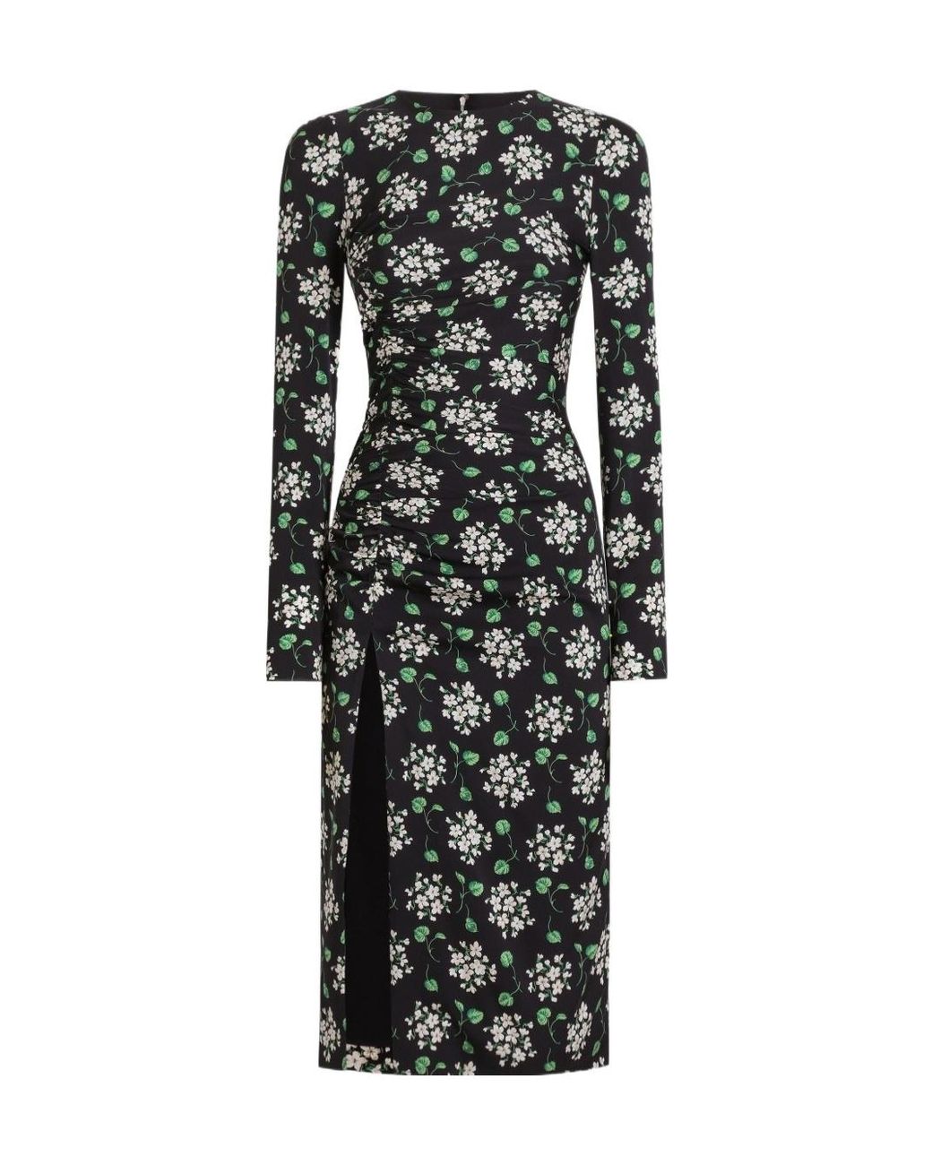 Dolce & Gabbana Black Ruched Floral Midi Dress