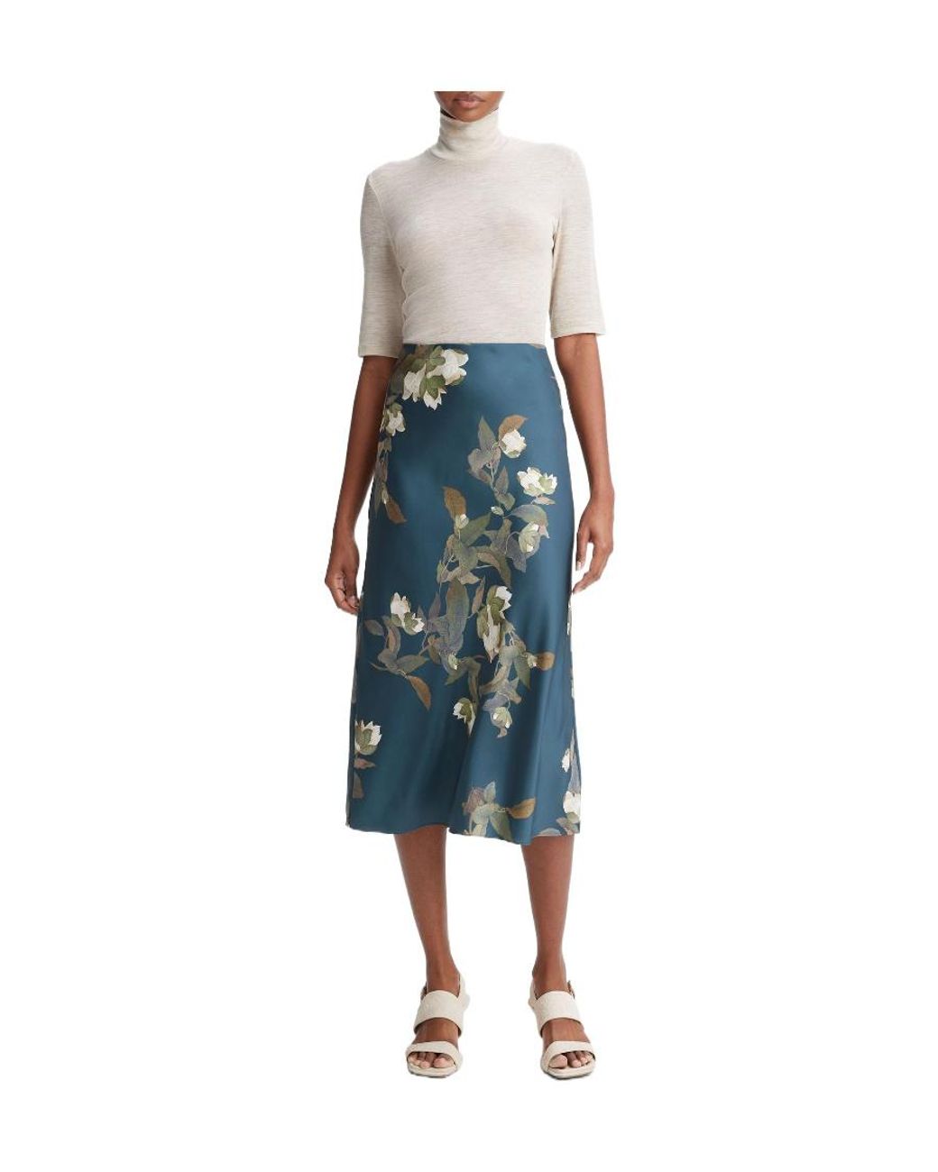 Vince Blue Floral-Print High-Waisted Midi Skirt