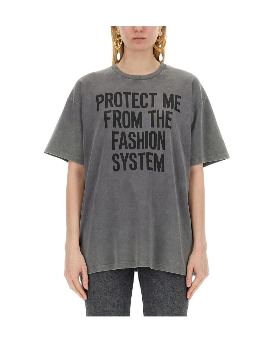 Moschino Gray Slogan-Printed Crewneck T-Shirt