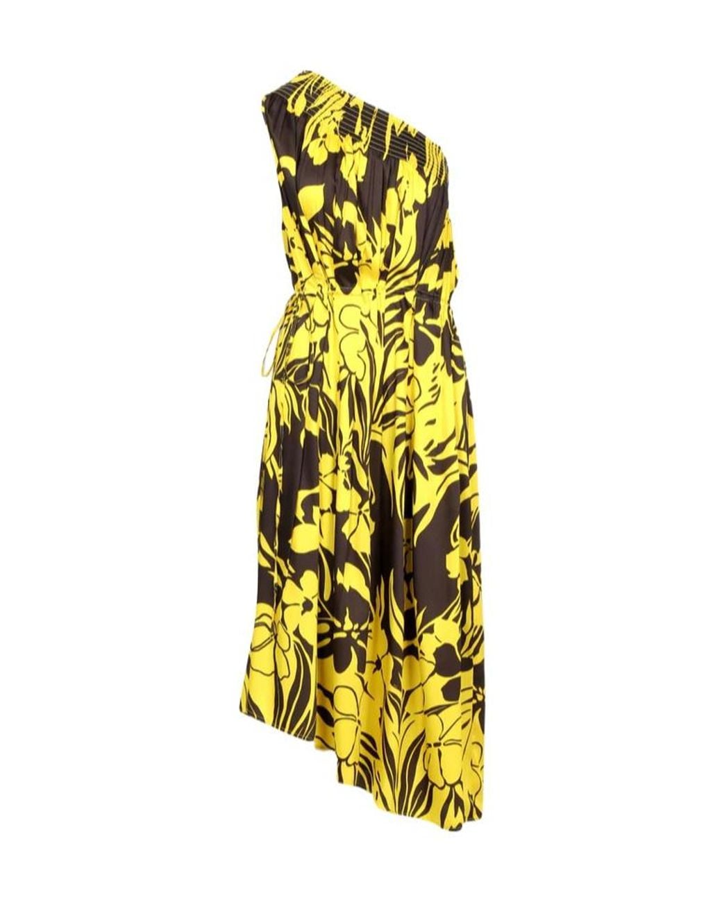 N°21 Yellow Floral-Print One-Shoulder Midi Dress