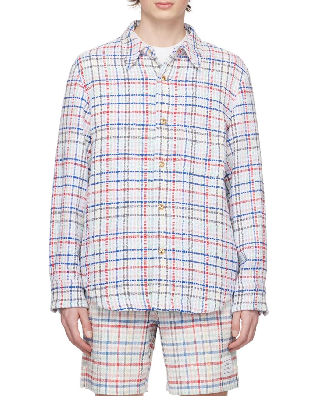 Thom Browne White Gingham Check Buttoned Overshirt for men