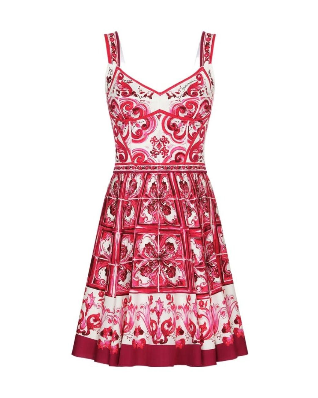 Dolce & Gabbana Red Short Majolica-Printed Charmeuse Bustier Dress