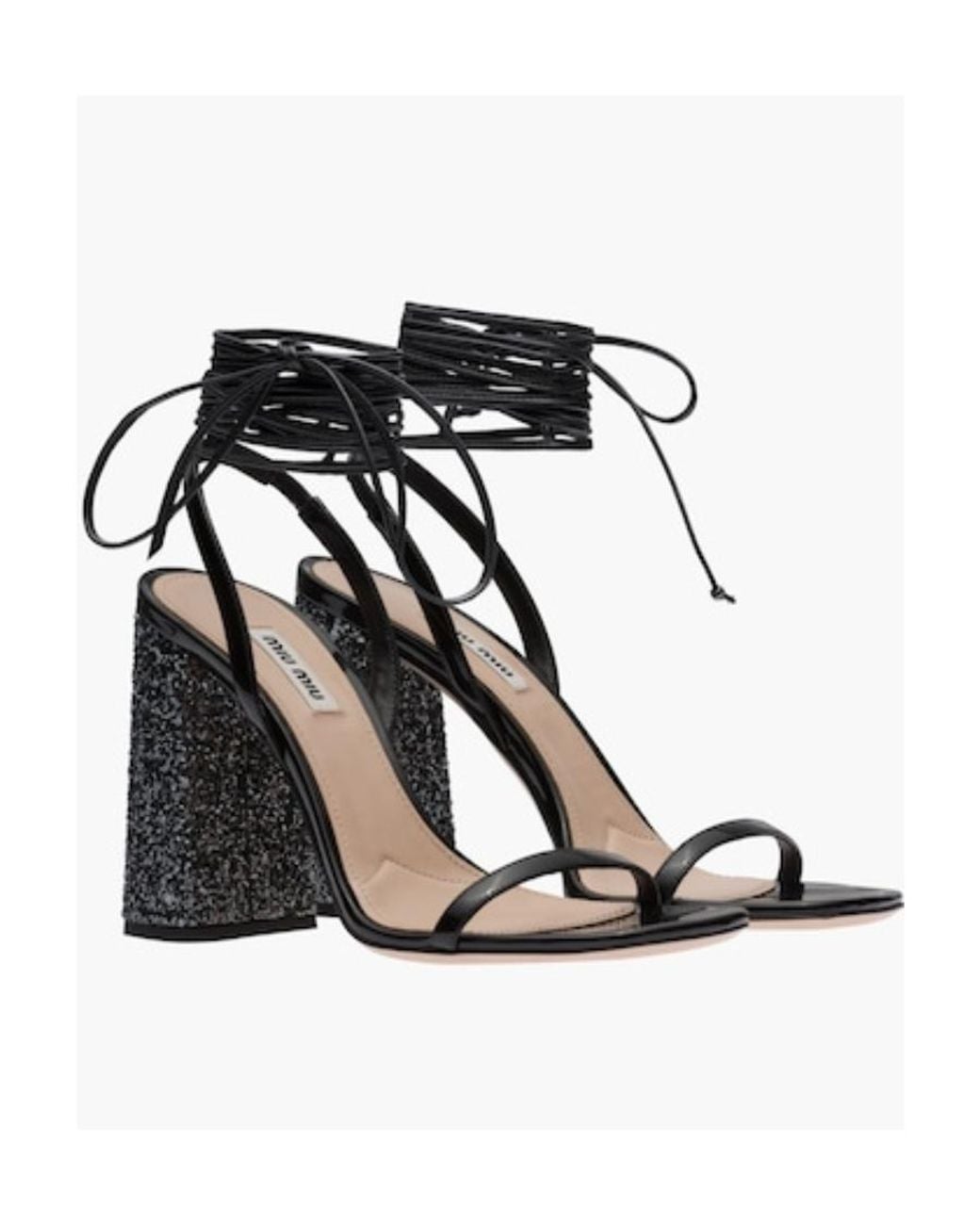 Miu Miu Black Ankle Tie-Fastened Block Heeled Glitter Sandals