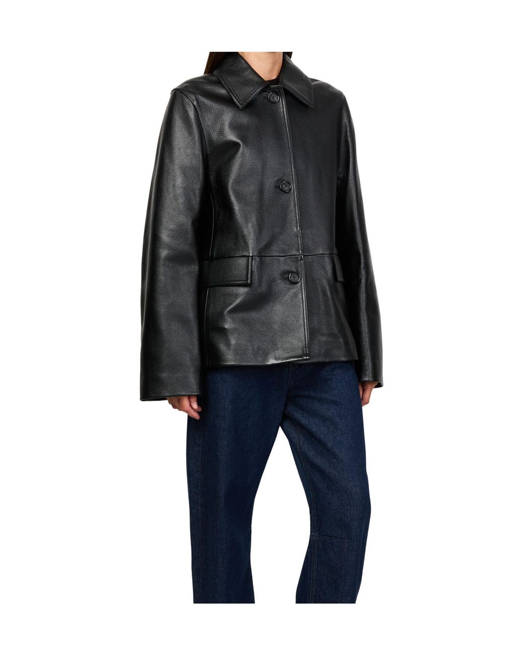 Totême Black Lapel Long-Sleeved Leather Jacket