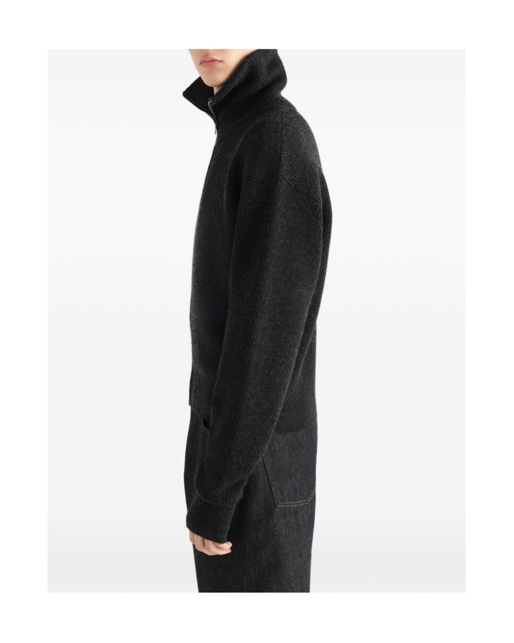 Lemaire Black Zip-Up Ribbed-Knit Cardigan for men