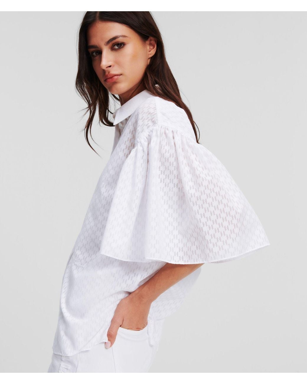 Karl Lagerfeld White Broderie-Anglaise Flared-Sleeve Shirt