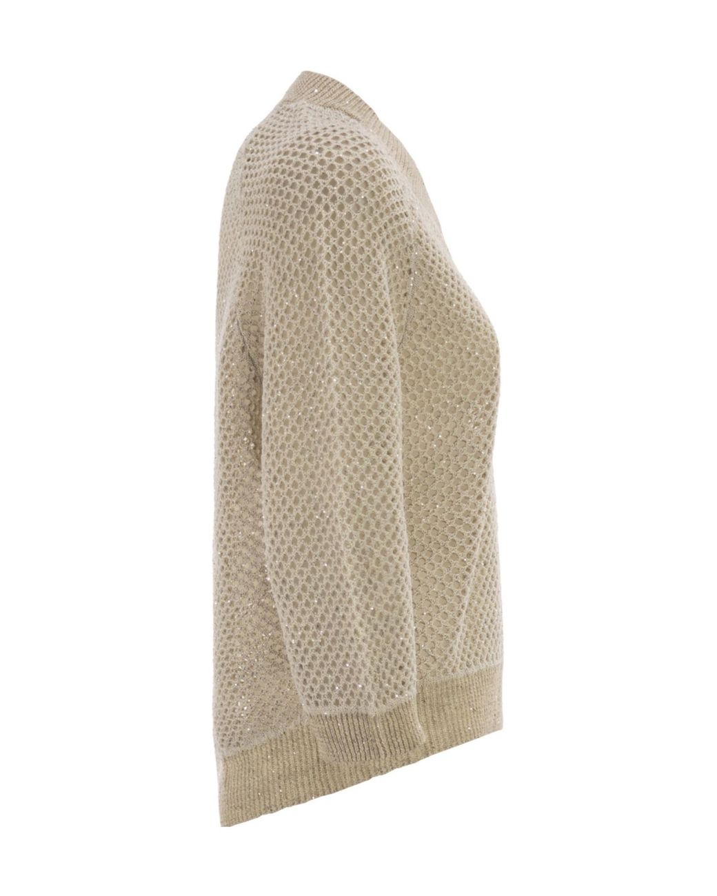 Peserico Natural V-Neck Embellished Mesh Knit Top
