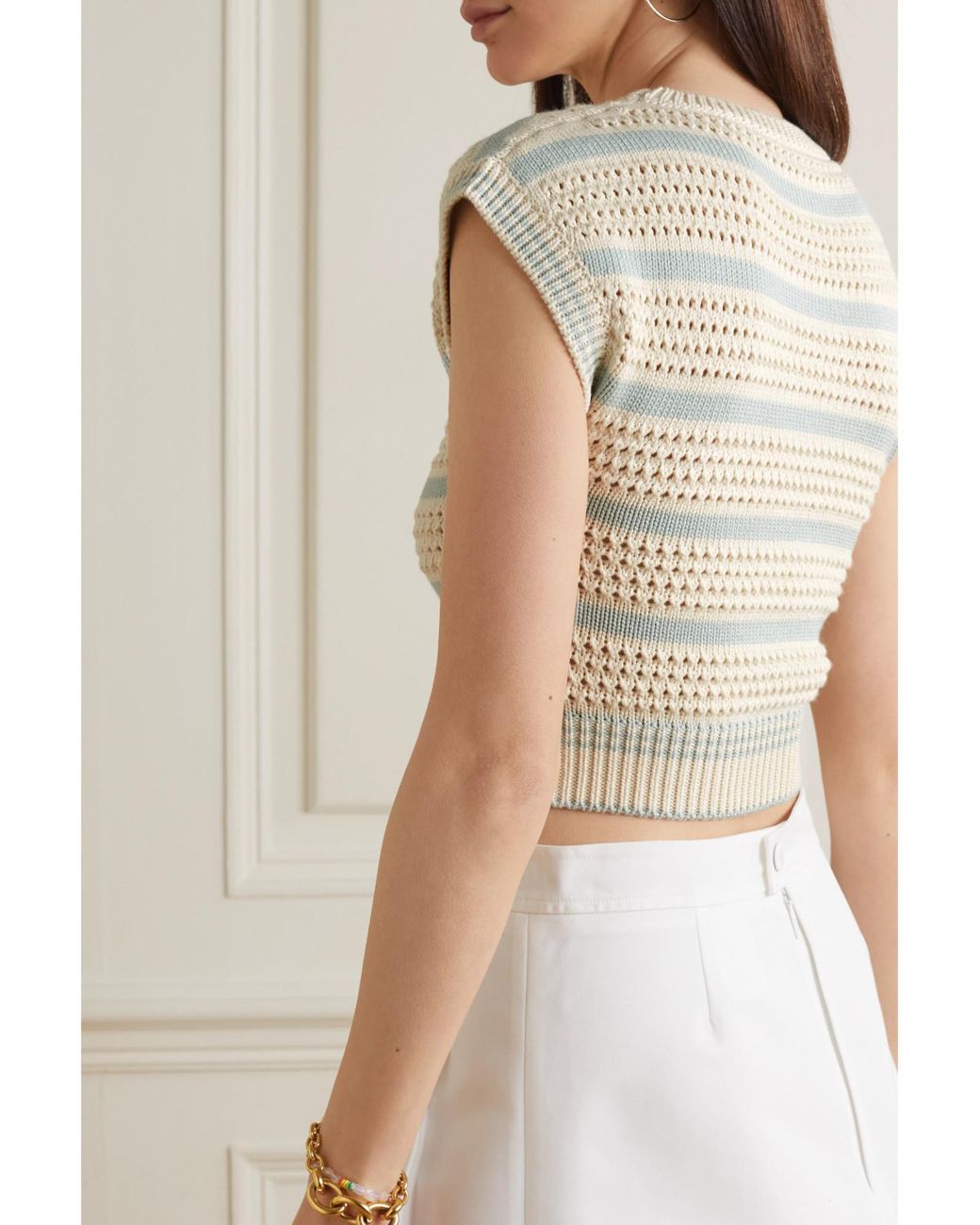 Emilio Pucci White Striped Open-Knit Cotton-Blend Sweater